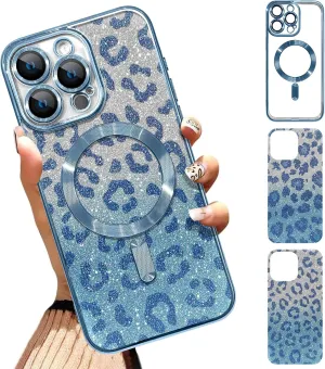 Case Fit for iPhone 16 Pro Max [Compatible with MagSafe] Glitter Bling Case with Camera Protector [2 Pieces of Leopard Print Design Insert] Soft Shockproof Anti-Scratch Cover for Women - Blue