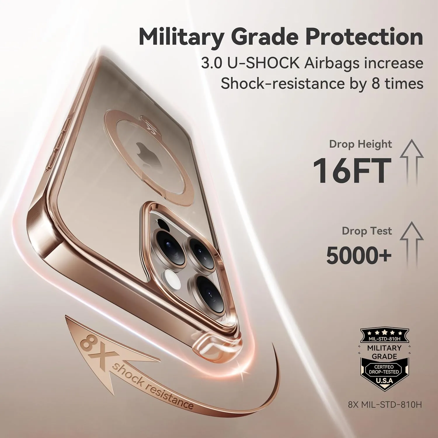 CASEKOO Desert Titanium for iPhone 16 Pro Max Case with 360° Spin Magnetic Stand [Compatible with Magsafe][16FT Military Protection] Polished for iPhone 16 ProMax Case with Stand Ring 6.9'', Rose Gold