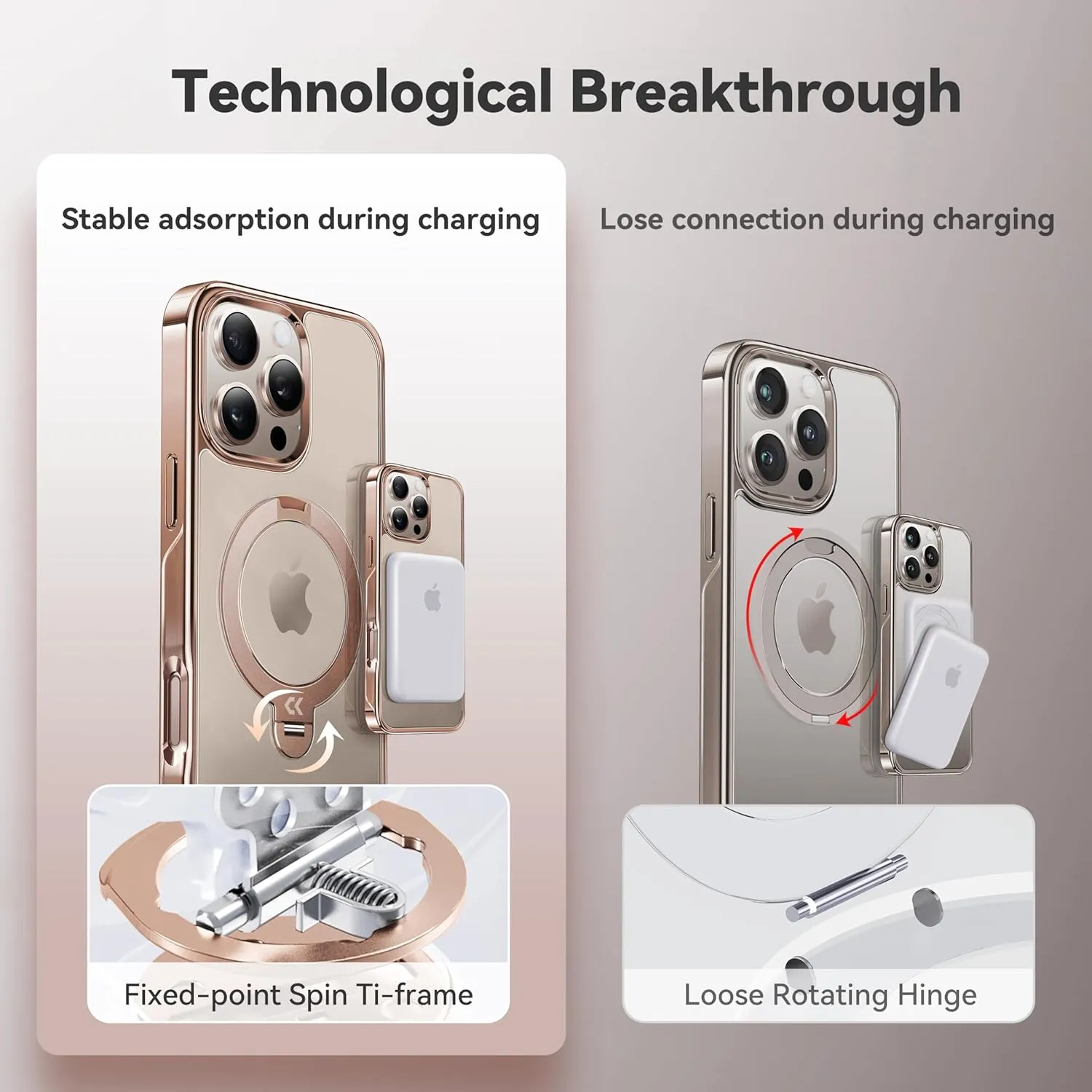 CASEKOO Desert Titanium for iPhone 16 Pro Max Case with 360° Spin Magnetic Stand [Compatible with Magsafe][16FT Military Protection] Polished for iPhone 16 ProMax Case with Stand Ring 6.9'', Rose Gold