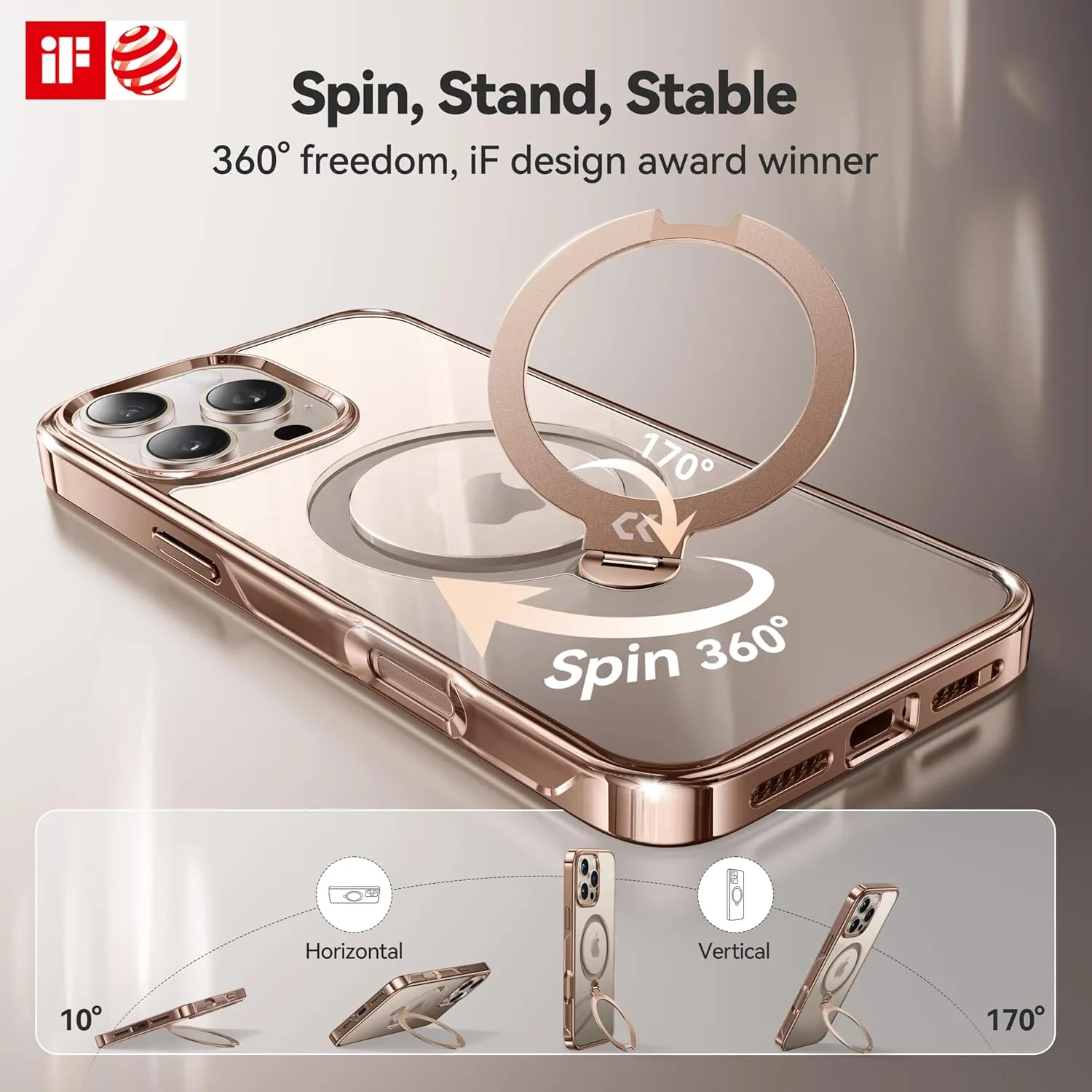 CASEKOO Desert Titanium for iPhone 16 Pro Max Case with 360° Spin Magnetic Stand [Compatible with Magsafe][16FT Military Protection] Polished for iPhone 16 ProMax Case with Stand Ring 6.9'', Rose Gold