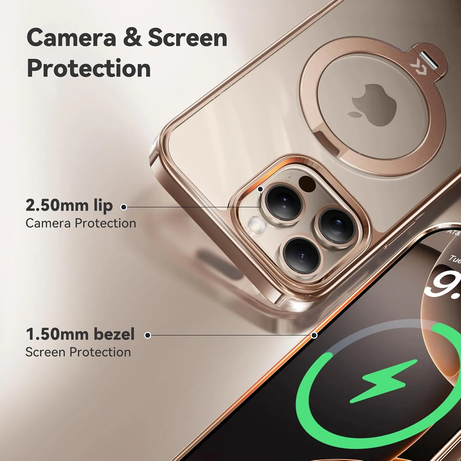 CASEKOO Desert Titanium for iPhone 16 Pro Max Case with 360° Spin Magnetic Stand [Compatible with Magsafe][16FT Military Protection] Polished for iPhone 16 ProMax Case with Stand Ring 6.9'', Rose Gold