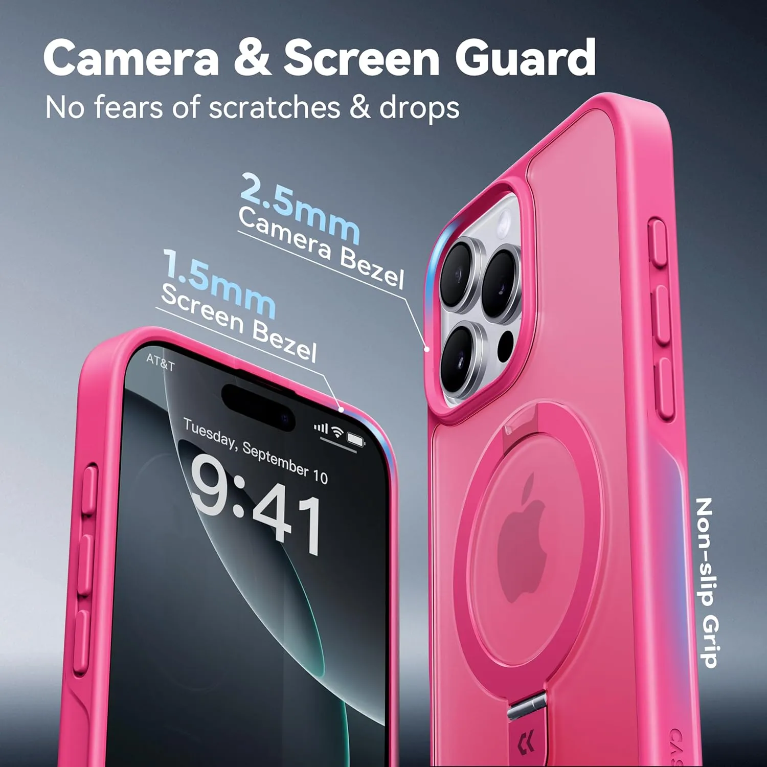 CASEKOO Designed for iPhone 16 Pro Case with Magnetic Invisible Stand [Military Drop Protection] [Compatible with MagSafe] Shockproof Slim Translucent Matte Case 6.3 Inch, Hot Pink