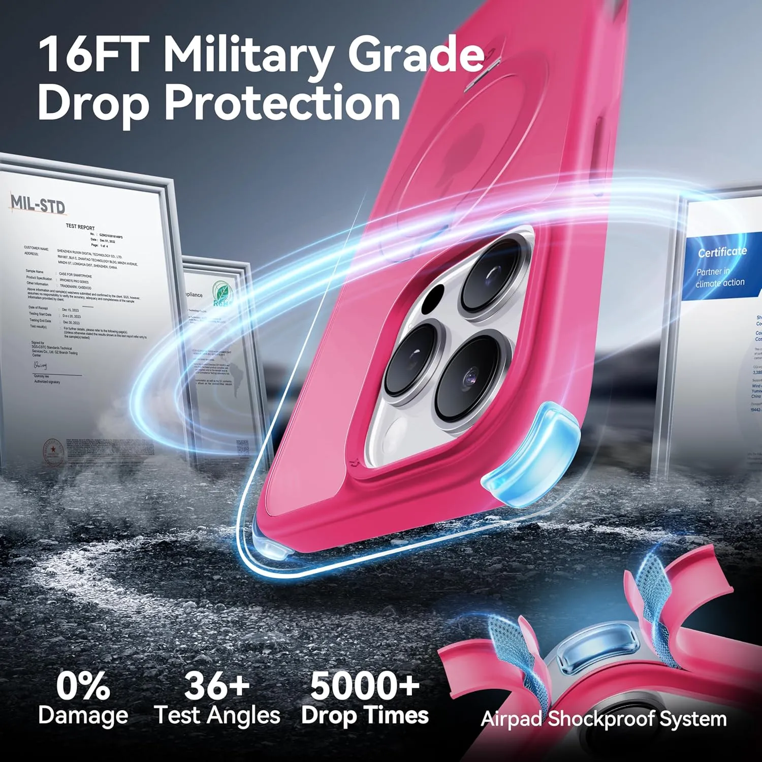 CASEKOO Designed for iPhone 16 Pro Case with Magnetic Invisible Stand [Military Drop Protection] [Compatible with MagSafe] Shockproof Slim Translucent Matte Case 6.3 Inch, Hot Pink