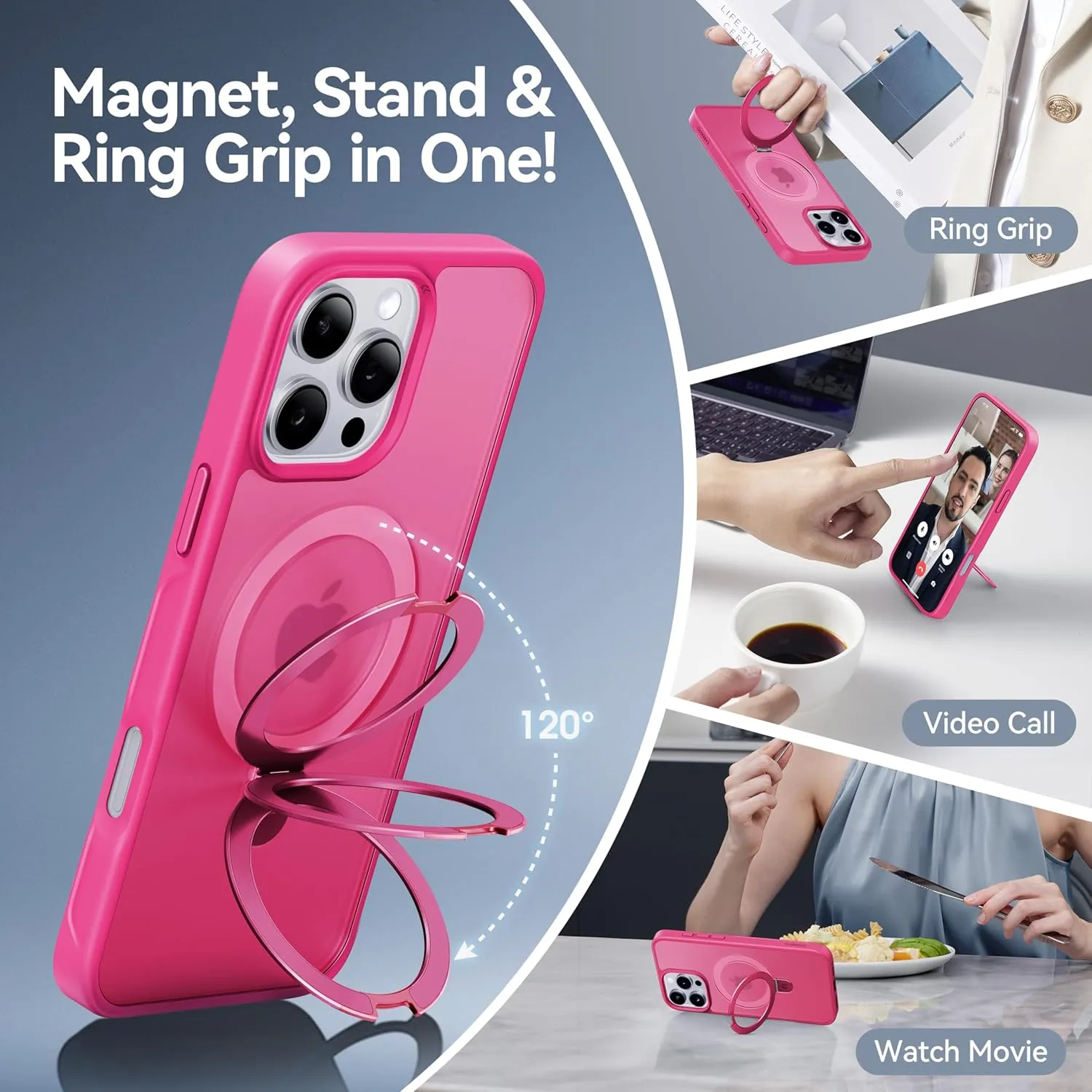 CASEKOO Designed for iPhone 16 Pro Case with Magnetic Invisible Stand [Military Drop Protection] [Compatible with MagSafe] Shockproof Slim Translucent Matte Case 6.3 Inch, Hot Pink