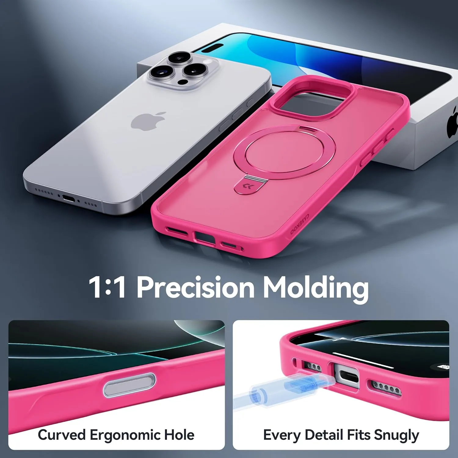 CASEKOO Designed for iPhone 16 Pro Case with Magnetic Invisible Stand [Military Drop Protection] [Compatible with MagSafe] Shockproof Slim Translucent Matte Case 6.3 Inch, Hot Pink