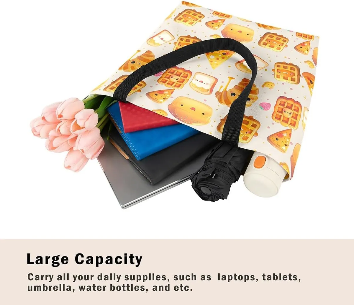 Castle Fairy Dessert Fruit Print Canvas Tote Bag,Cartoon Theme Shoulder Handbags for Shopping Gym,Large Capacity Bags