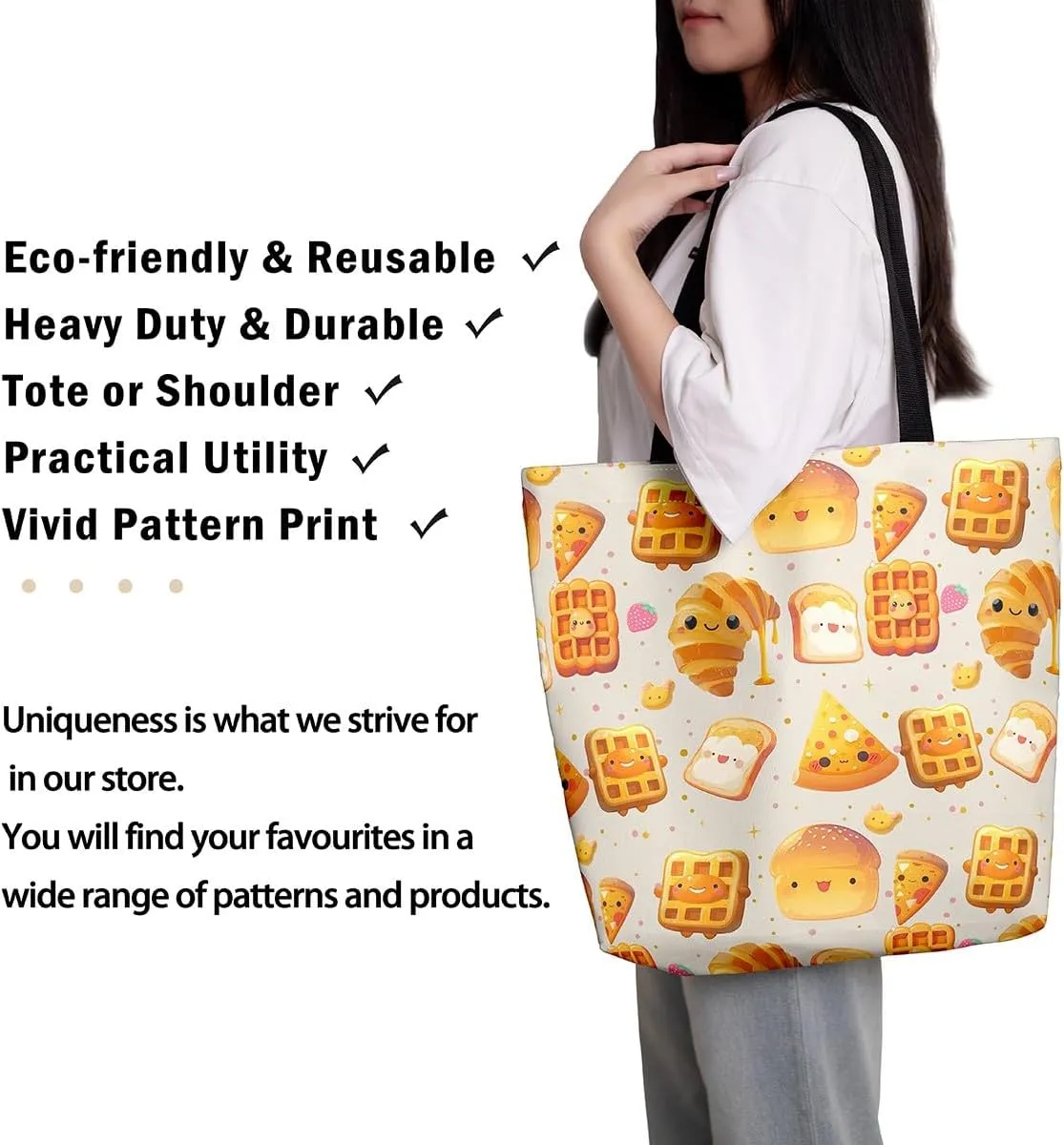 Castle Fairy Dessert Fruit Print Canvas Tote Bag,Cartoon Theme Shoulder Handbags for Shopping Gym,Large Capacity Bags