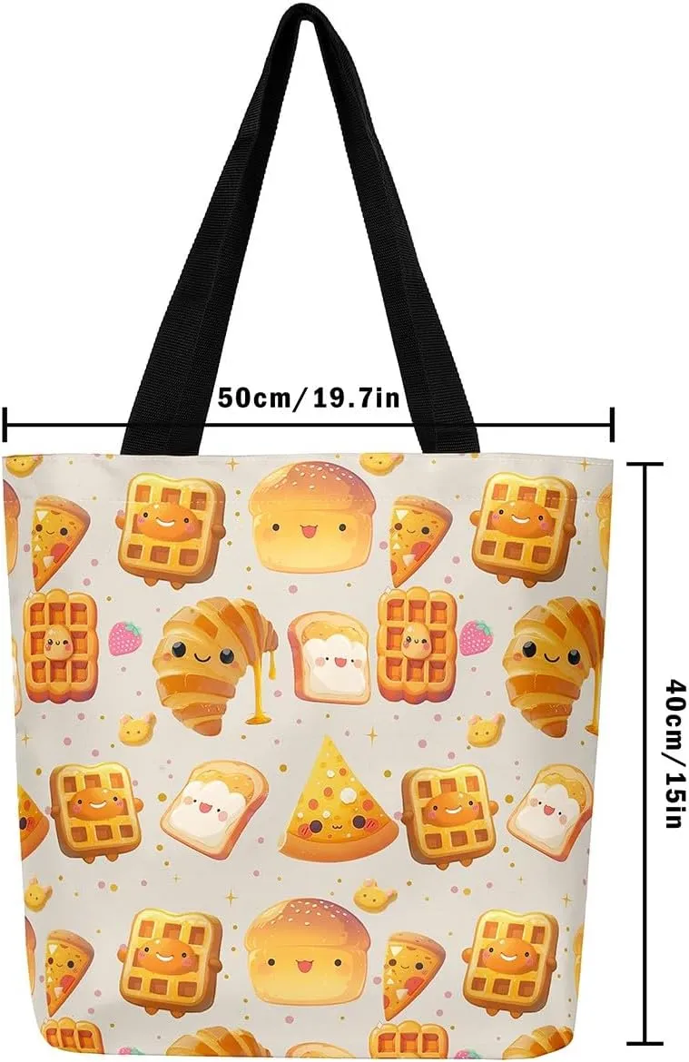Castle Fairy Dessert Fruit Print Canvas Tote Bag,Cartoon Theme Shoulder Handbags for Shopping Gym,Large Capacity Bags