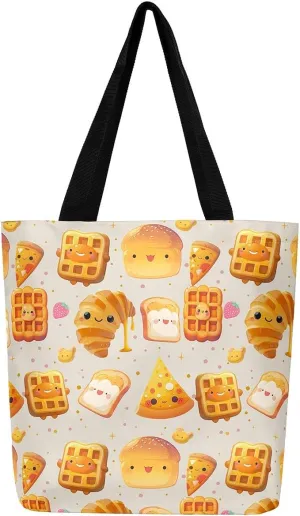 Castle Fairy Dessert Fruit Print Canvas Tote Bag,Cartoon Theme Shoulder Handbags for Shopping Gym,Large Capacity Bags