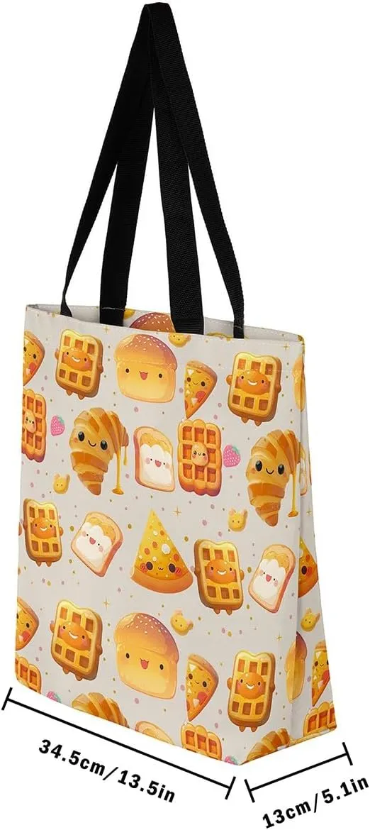Castle Fairy Dessert Fruit Print Canvas Tote Bag,Cartoon Theme Shoulder Handbags for Shopping Gym,Large Capacity Bags