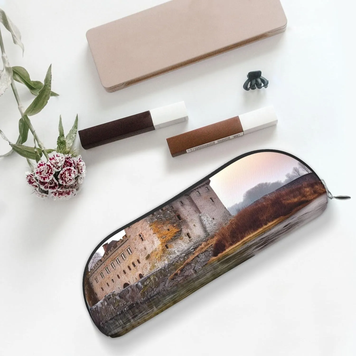 Castle Near Lake Stones Makeup Bag for Women Men Large Pencil Case Aesthetic Pencil Pouch Coin Pouch Leather Cosmetic Bag with Zipper Office Organizer Travel Essentials