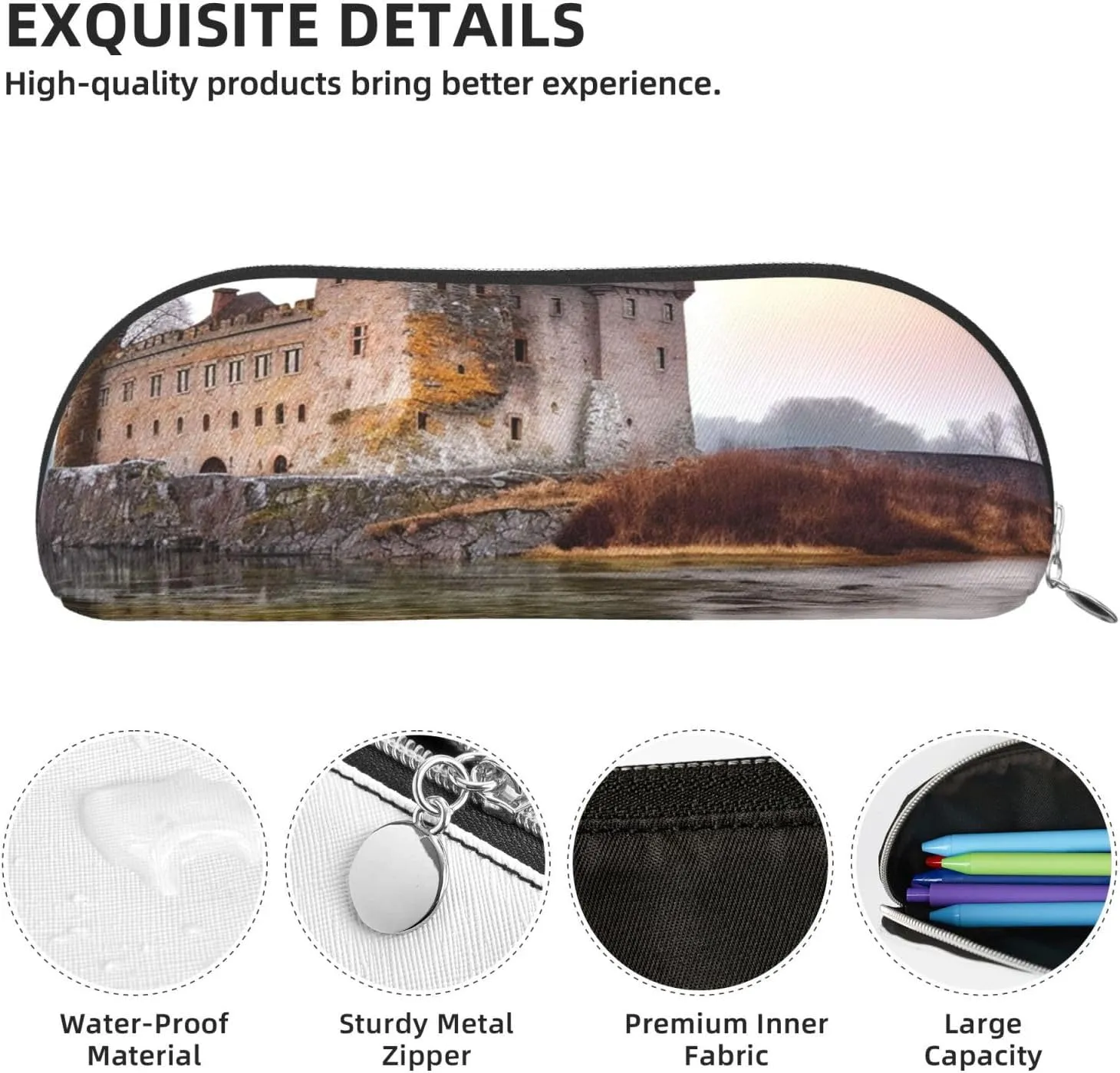 Castle Near Lake Stones Makeup Bag for Women Men Large Pencil Case Aesthetic Pencil Pouch Coin Pouch Leather Cosmetic Bag with Zipper Office Organizer Travel Essentials