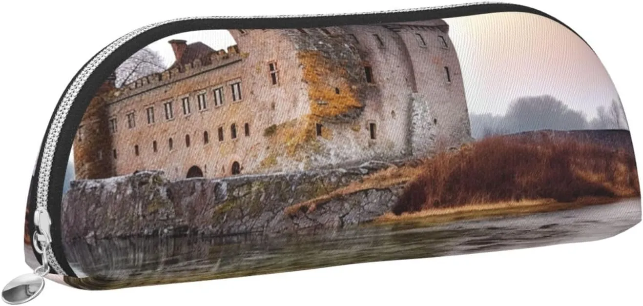 Castle Near Lake Stones Makeup Bag for Women Men Large Pencil Case Aesthetic Pencil Pouch Coin Pouch Leather Cosmetic Bag with Zipper Office Organizer Travel Essentials