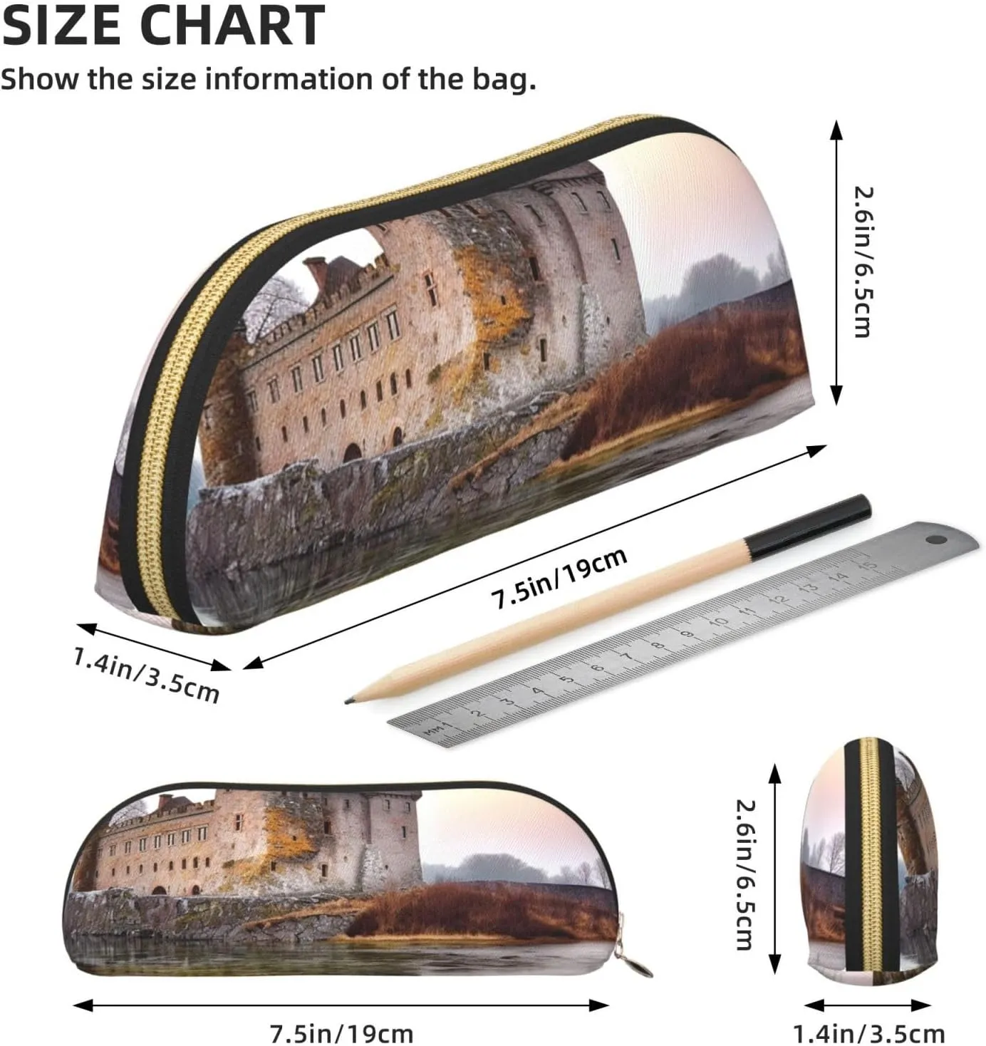 Castle Near Lake Stones Makeup Bag for Women Men Large Pencil Case Aesthetic Pencil Pouch Coin Pouch Leather Cosmetic Bag with Zipper Office Organizer Travel Essentials