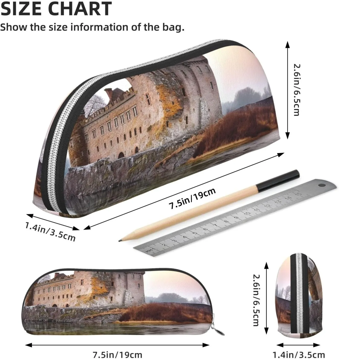 Castle Near Lake Stones Makeup Bag for Women Men Large Pencil Case Aesthetic Pencil Pouch Coin Pouch Leather Cosmetic Bag with Zipper Office Organizer Travel Essentials