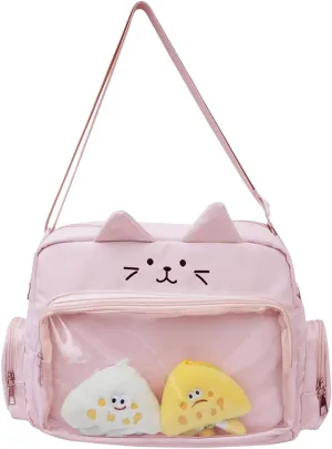 Cat Ita Bag with Clear Window & 2 Cute Doll Charms - Kawaii Y2K Japanese Anime Crossbody Itabag for Women