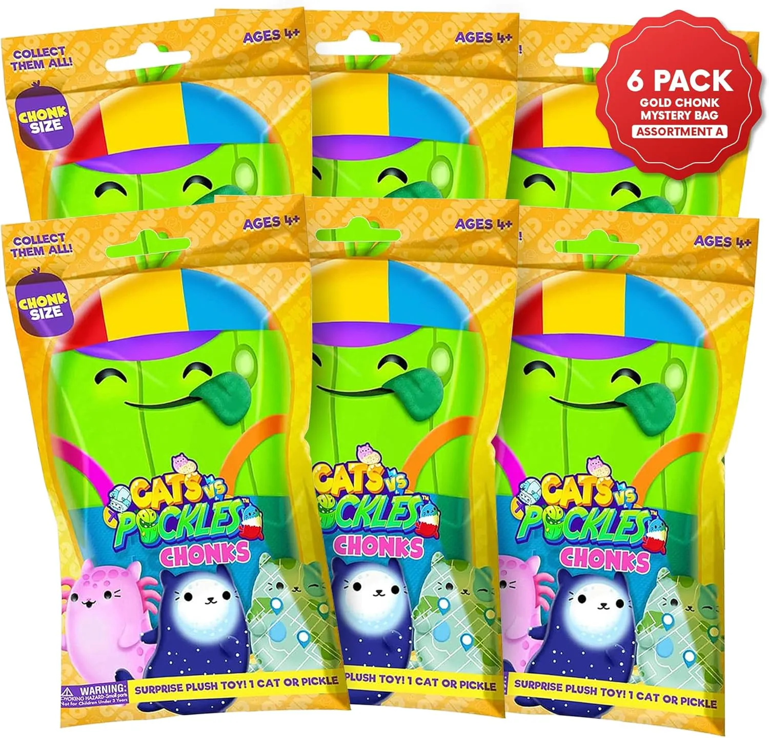 Cats vs Pickles - Mystery Bags - Chonks - 6pk Set A - Gold Wave - Bean Filled Plushies! Great for Stocking Stuffers, Advent Calendars, for Kids, Boys, & Girls.