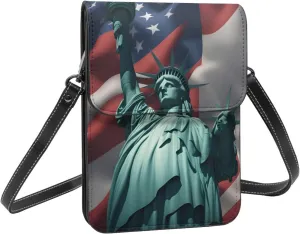 Cell Phone Purse Wallet Crossbody Bag Soft Leather Mobile Phone Wallet for women Statue of Liberty Flag Print