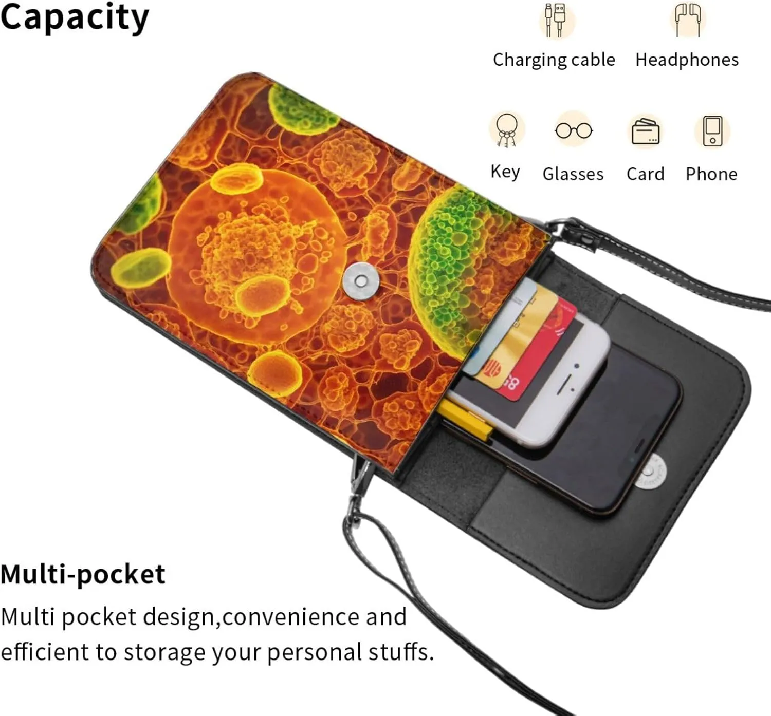 cells seen through microscop Print Small Crossbody Bags Women Card Slots Shoulder Bag Purse Leather Flip Phone Wallet