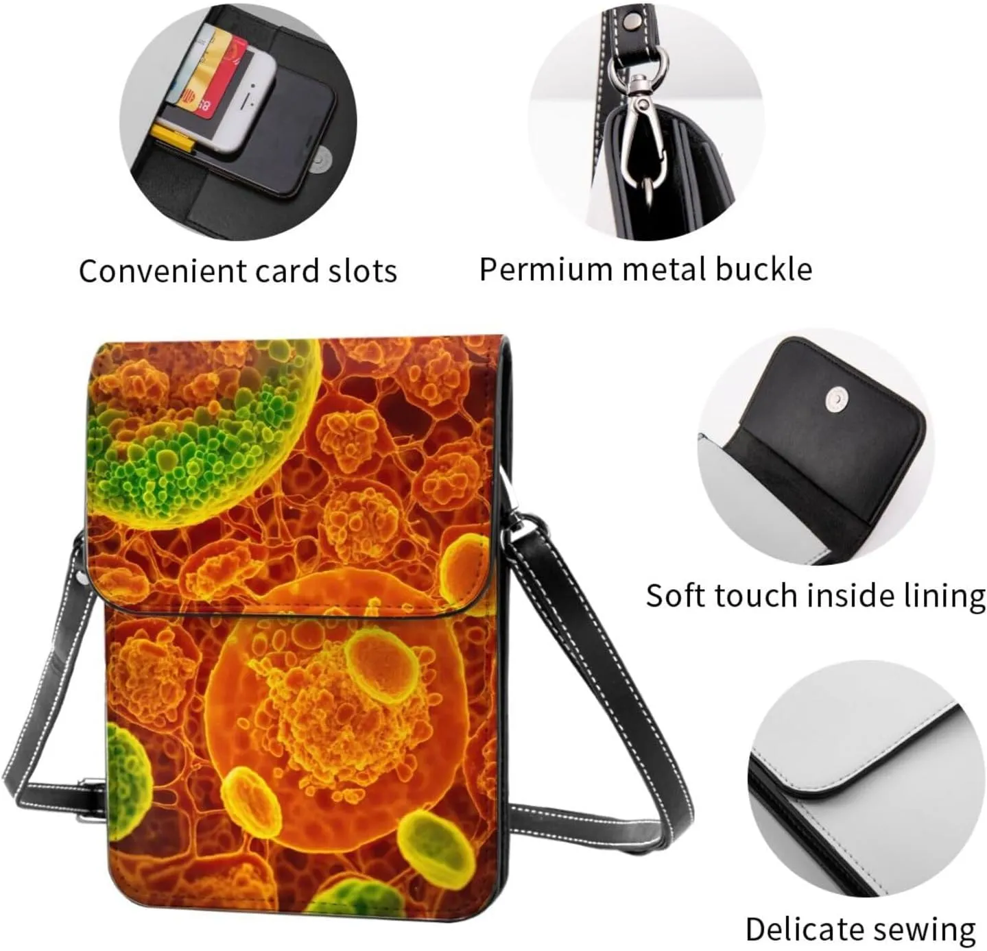 cells seen through microscop Print Small Crossbody Bags Women Card Slots Shoulder Bag Purse Leather Flip Phone Wallet