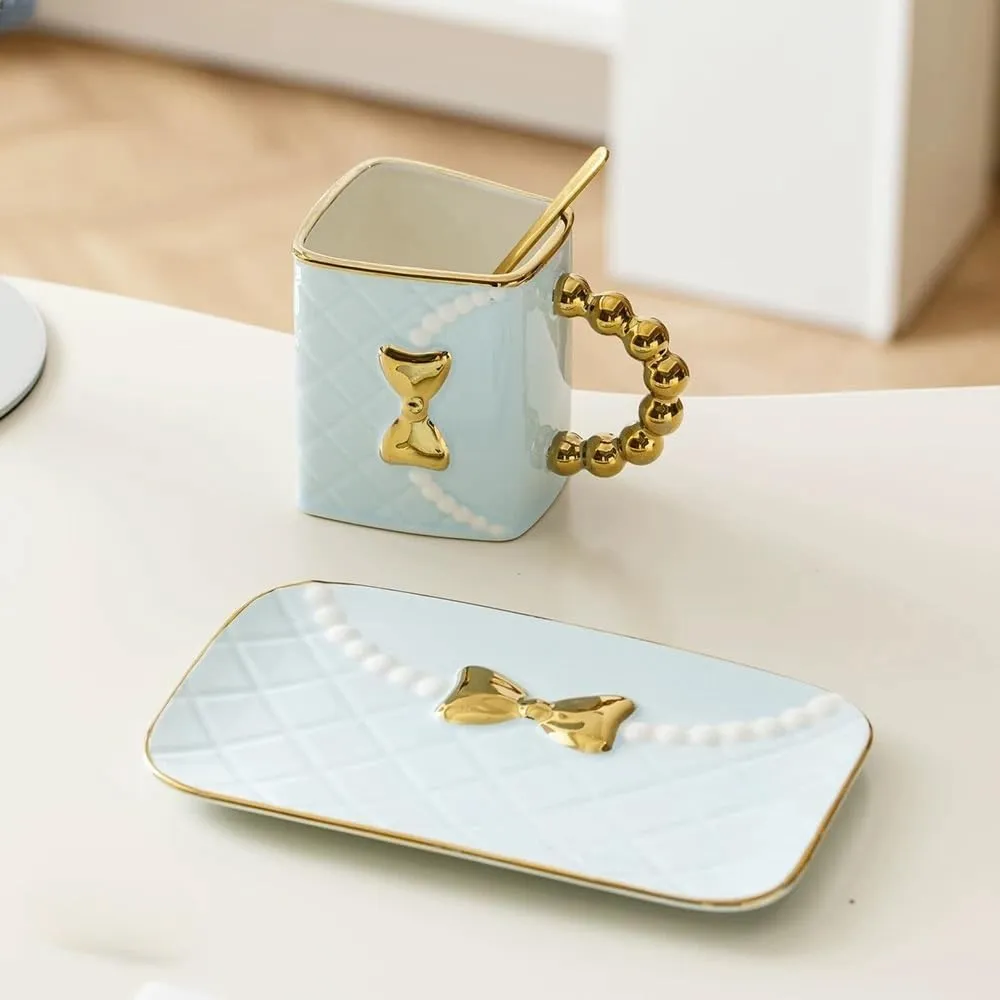 Ceramic Handbag Mug Set with Saucer and Spoon,Blue Bowknot Coffee Tea Cup, Purse-Shaped Gift Mug for Women, Mom, Mother’s Day, Christmas or Holiday