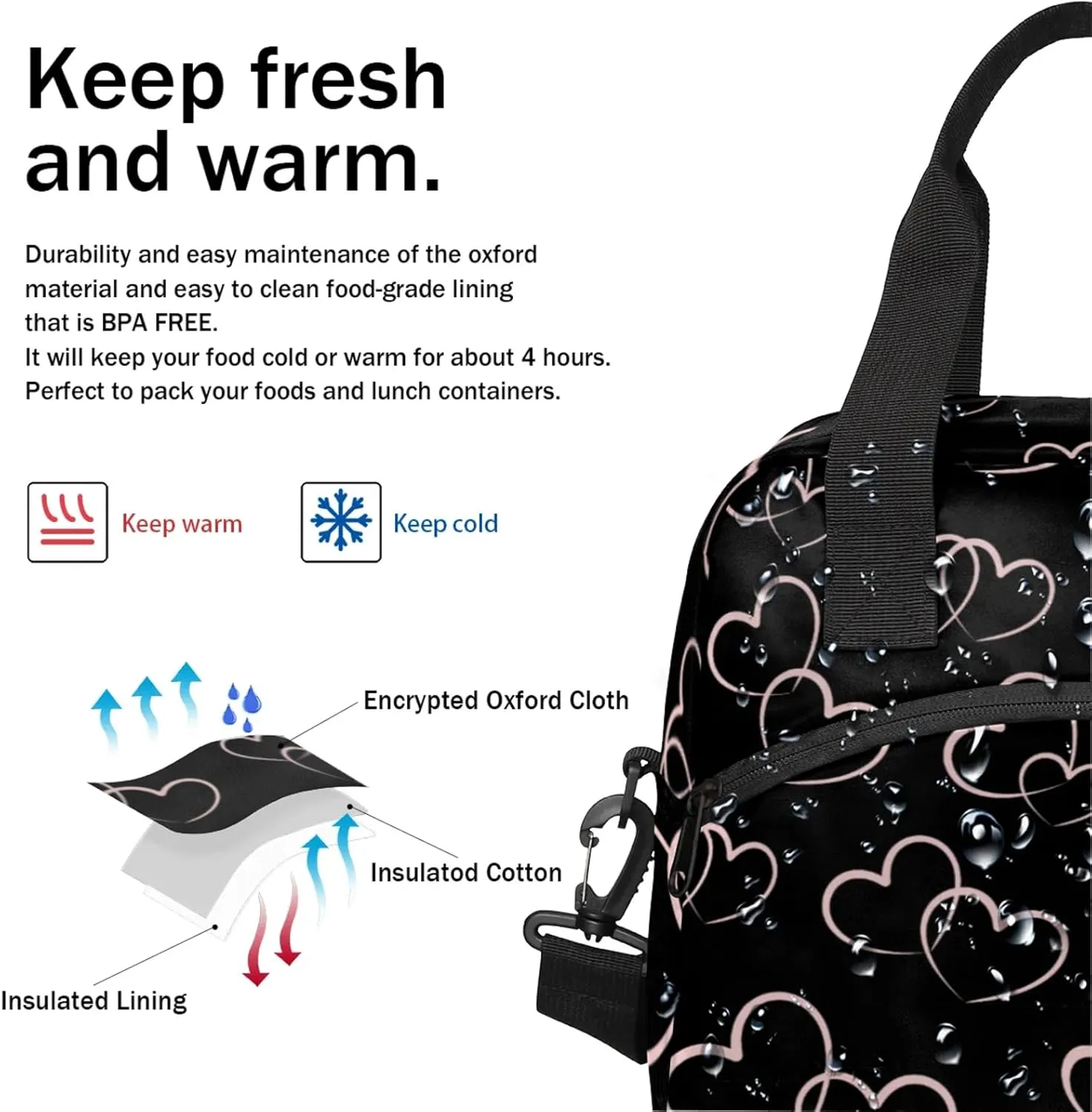 cfpolar Cute Love Heart Insulated Lunch Bag for Women, Black Love Heart Leakproof Cooler Tote Bag Thermal Lunch Box Meal Prep Bags with Adjustable Shoulder Strap for Work, Beach, Picnic Outdoor
