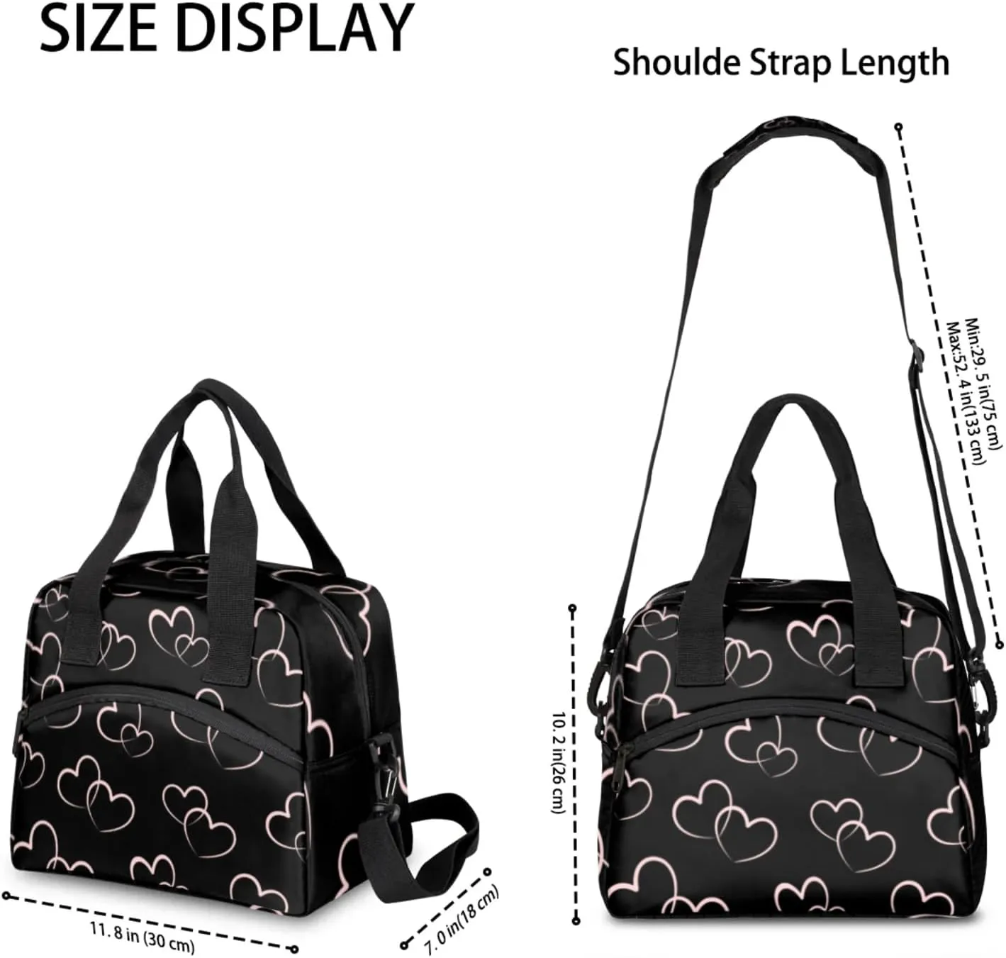 cfpolar Cute Love Heart Insulated Lunch Bag for Women, Black Love Heart Leakproof Cooler Tote Bag Thermal Lunch Box Meal Prep Bags with Adjustable Shoulder Strap for Work, Beach, Picnic Outdoor