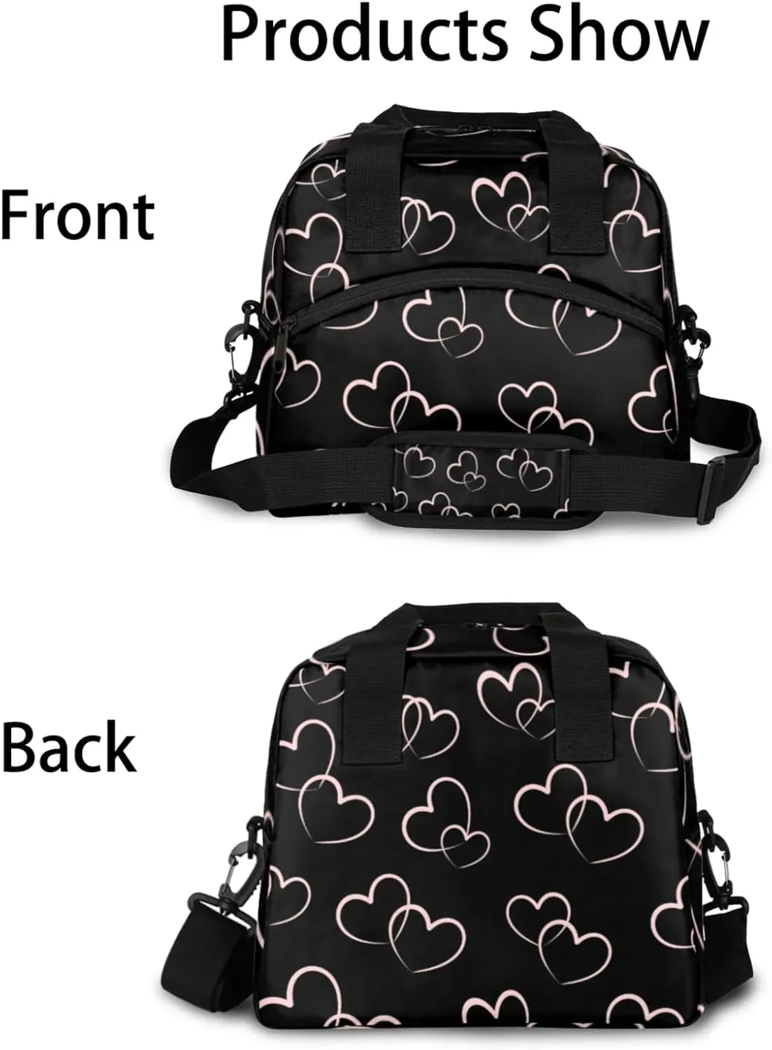 cfpolar Cute Love Heart Insulated Lunch Bag for Women, Black Love Heart Leakproof Cooler Tote Bag Thermal Lunch Box Meal Prep Bags with Adjustable Shoulder Strap for Work, Beach, Picnic Outdoor