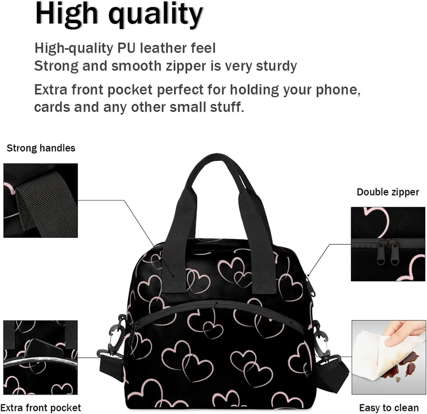 cfpolar Cute Love Heart Insulated Lunch Bag for Women, Black Love Heart Leakproof Cooler Tote Bag Thermal Lunch Box Meal Prep Bags with Adjustable Shoulder Strap for Work, Beach, Picnic Outdoor