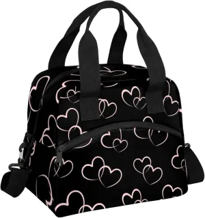 cfpolar Cute Love Heart Insulated Lunch Bag for Women, Black Love Heart Leakproof Cooler Tote Bag Thermal Lunch Box Meal Prep Bags with Adjustable Shoulder Strap for Work, Beach, Picnic Outdoor