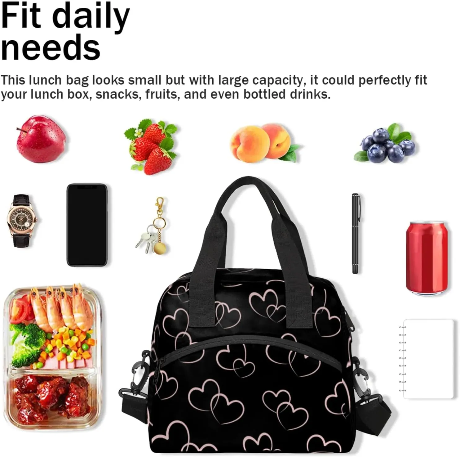cfpolar Cute Love Heart Insulated Lunch Bag for Women, Black Love Heart Leakproof Cooler Tote Bag Thermal Lunch Box Meal Prep Bags with Adjustable Shoulder Strap for Work, Beach, Picnic Outdoor