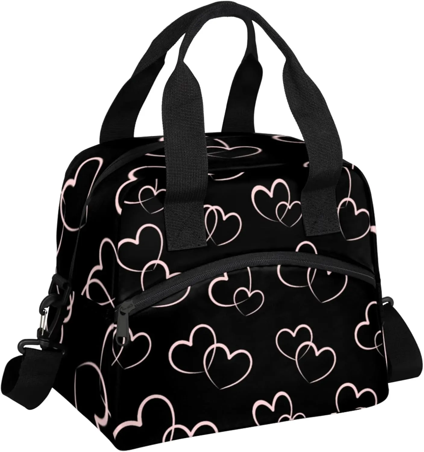 cfpolar Cute Love Heart Insulated Lunch Bag for Women, Black Love Heart Leakproof Cooler Tote Bag Thermal Lunch Box Meal Prep Bags with Adjustable Shoulder Strap for Work, Beach, Picnic Outdoor