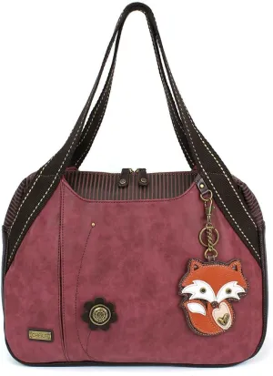 CHALA Handbag Shoulder Purse Tote Bag with Animal Purse Charm -835 (Burgundy Fox)