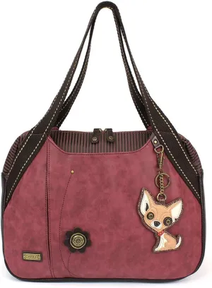 CHALA Handbag Shoulder Purse Tote Bag with Animal Purse Charm (835GY) (Burgundy Chihuahua)