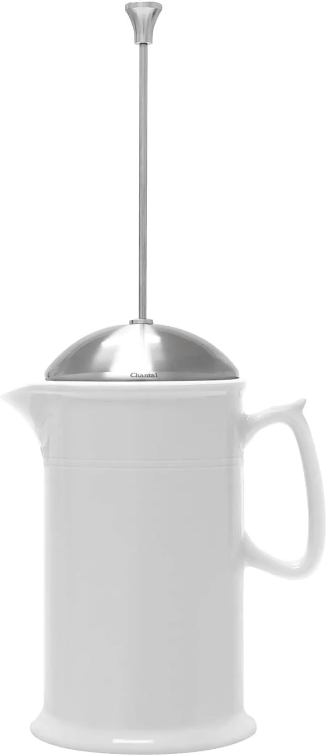 Chantal Stoneware French Press with Stainless Steel Plunger and Lid, 28 ounce capacity, White