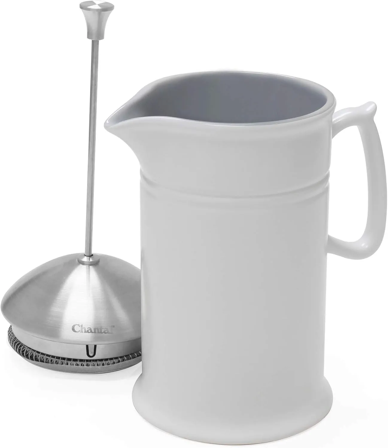 Chantal Stoneware French Press with Stainless Steel Plunger and Lid, 28 ounce capacity, White