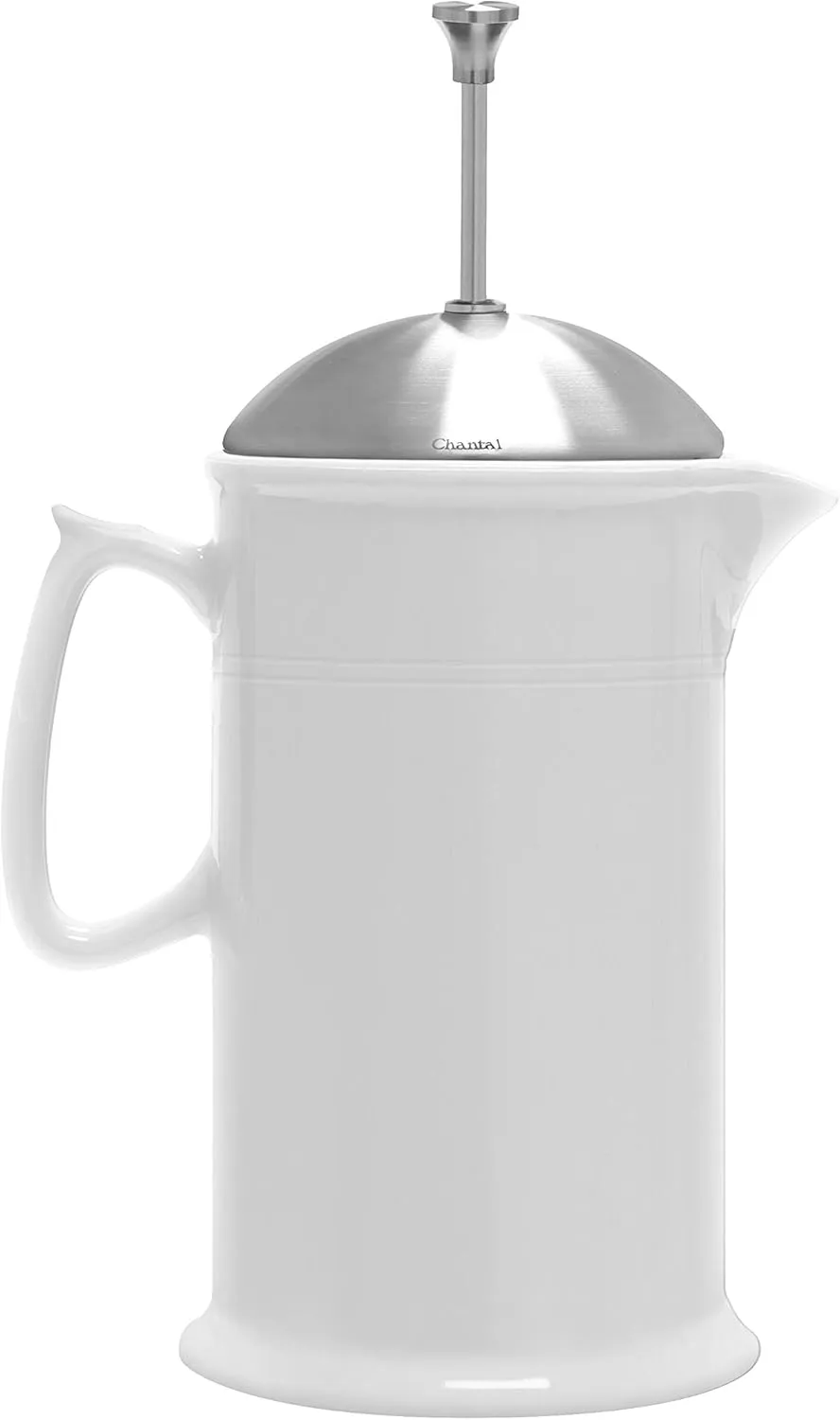 Chantal Stoneware French Press with Stainless Steel Plunger and Lid, 28 ounce capacity, White