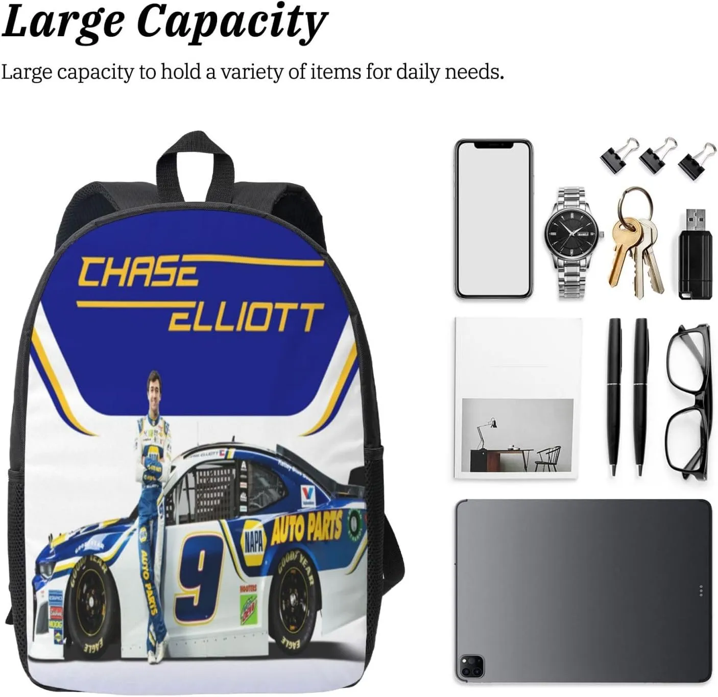 Chase-Elliott-Car-9 Backpack Work Rucksack Computer Bag 17 Inch Travel Backpack Gym Bags