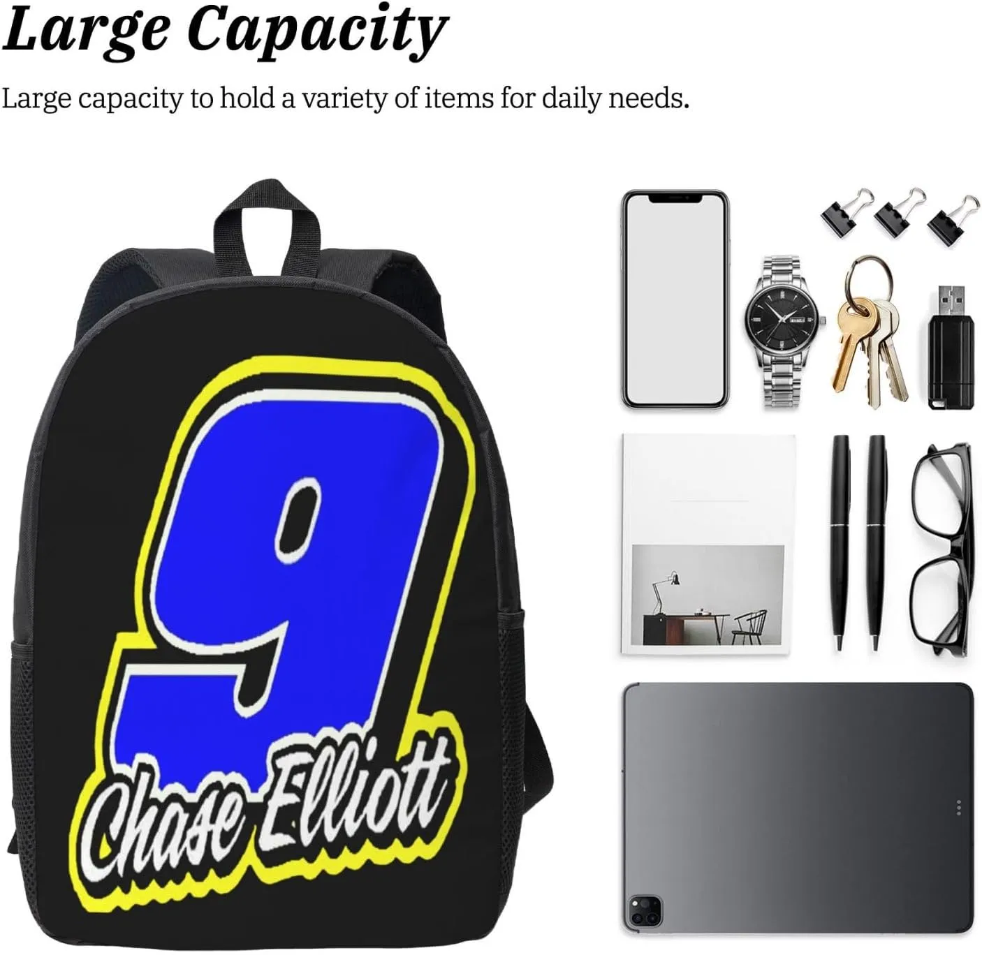 Chase-Elliott-Car-9 Backpack Work Rucksack Computer Bag 17 Inch Travel Backpack Gym Bags