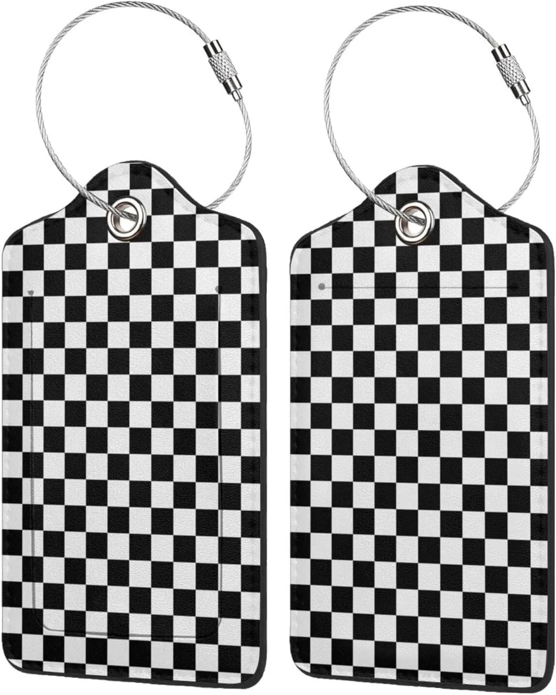 Checkerboard Black and White Pattern Leather Baggage Bag Luggage Tags with Stainless Steel Loop and Privacy Cover