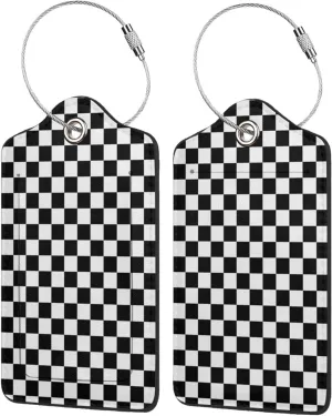 Checkerboard Black and White Pattern Leather Baggage Bag Luggage Tags with Stainless Steel Loop and Privacy Cover