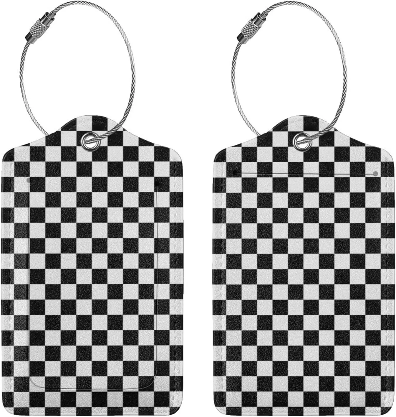 Checkerboard Black and White Pattern Leather Baggage Bag Luggage Tags with Stainless Steel Loop and Privacy Cover