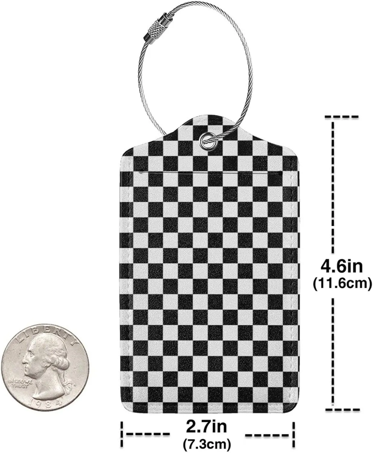 Checkerboard Black and White Pattern Leather Baggage Bag Luggage Tags with Stainless Steel Loop and Privacy Cover