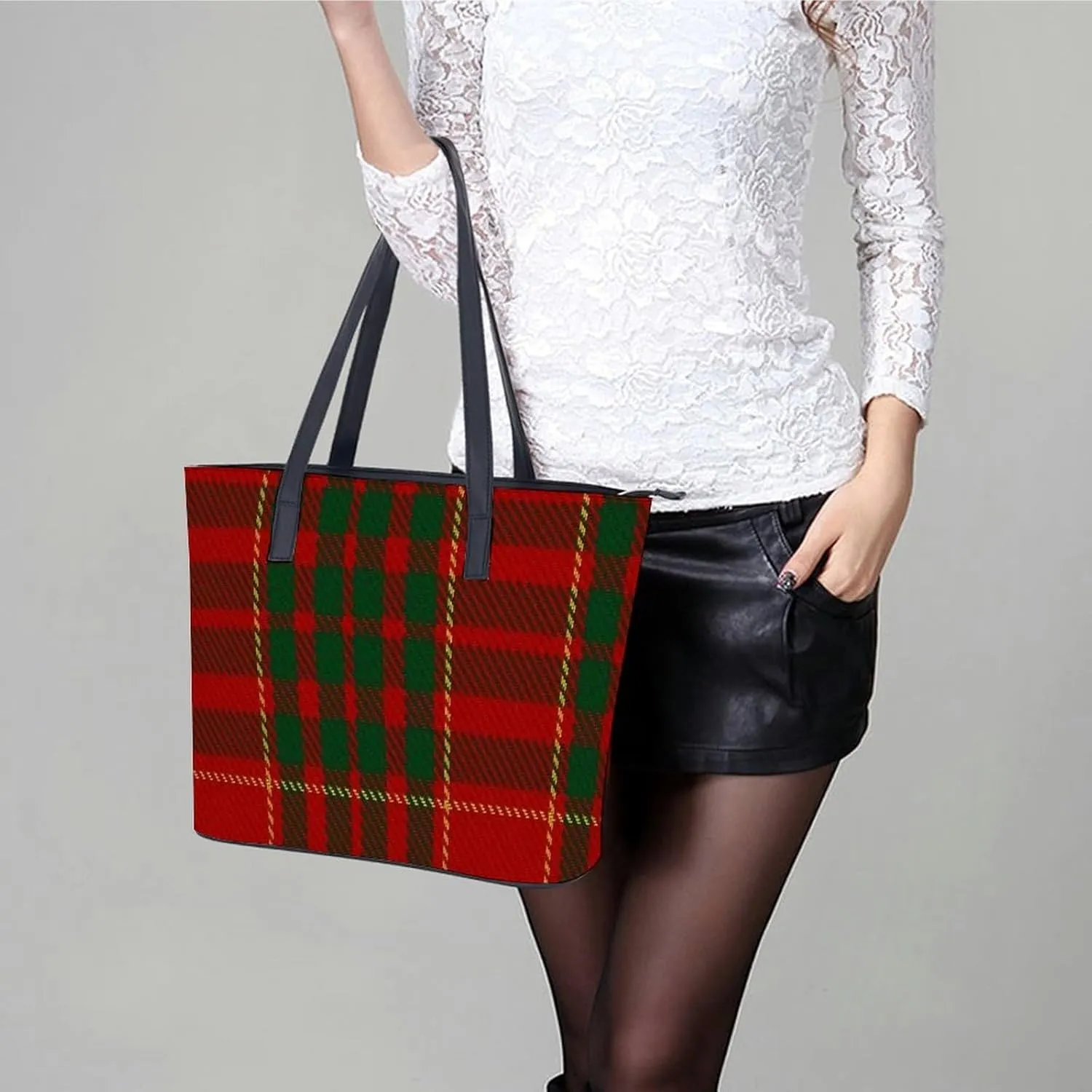 Checkered Black And White Large Capacity Portable Leather Handbag