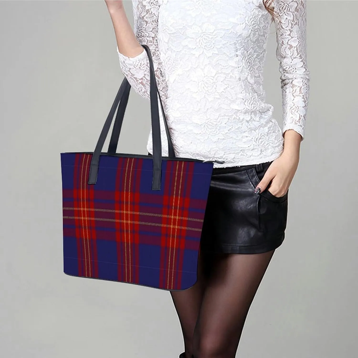 Checkered Black And White Large Capacity Portable Leather Handbag
