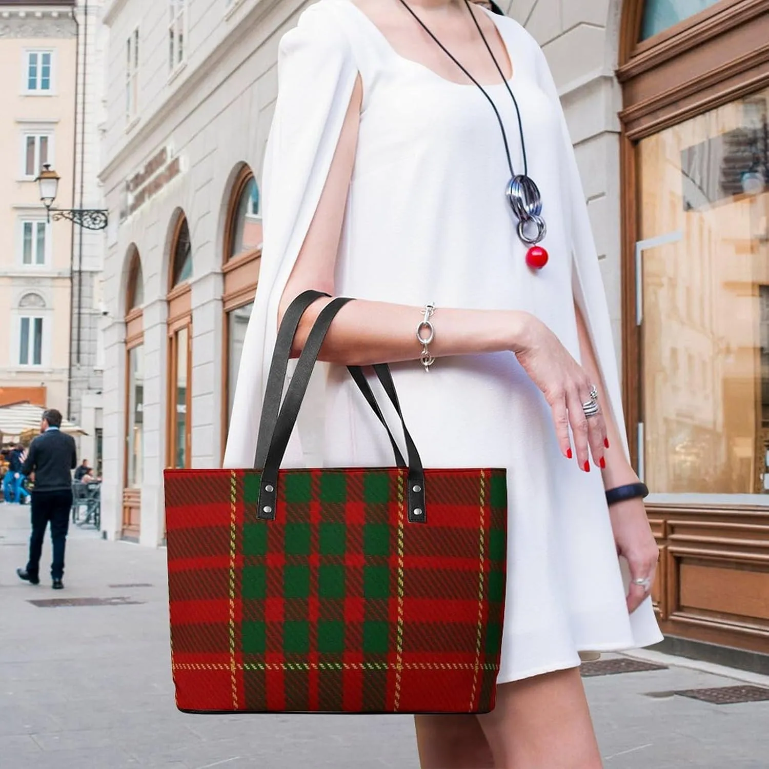 Checkered Black And White Large Capacity Portable Leather Handbag