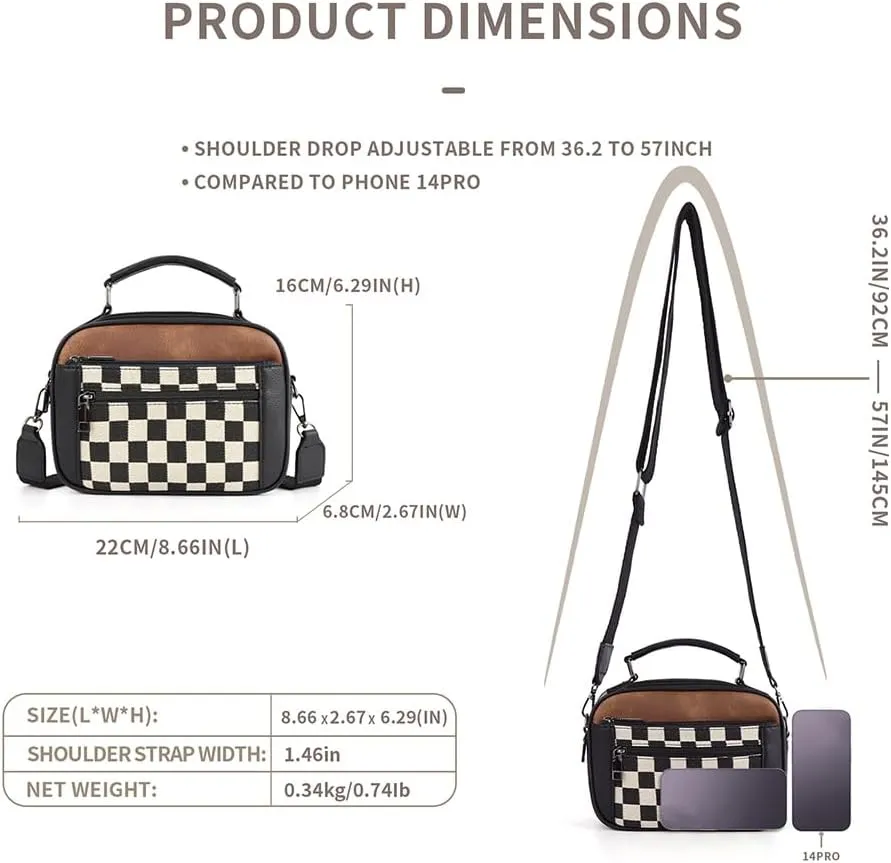 Checkered Crossbody Bag Checkerboard Purse For Women Plaid Pattern Shoulder Bags Colorblock Leather Handbag