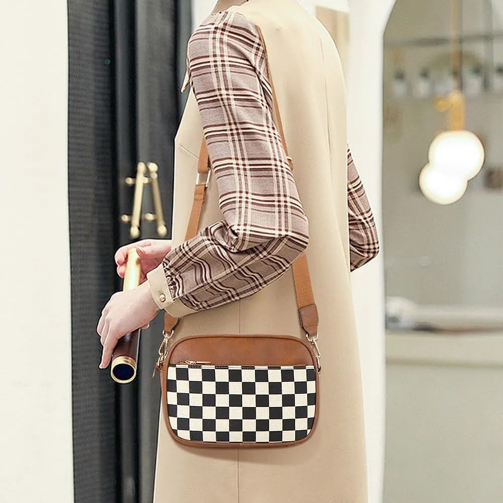 Checkered Crossbody Bag Checkerboard Purse For Women Plaid Pattern Shoulder Bags Colorblock Leather Handbag