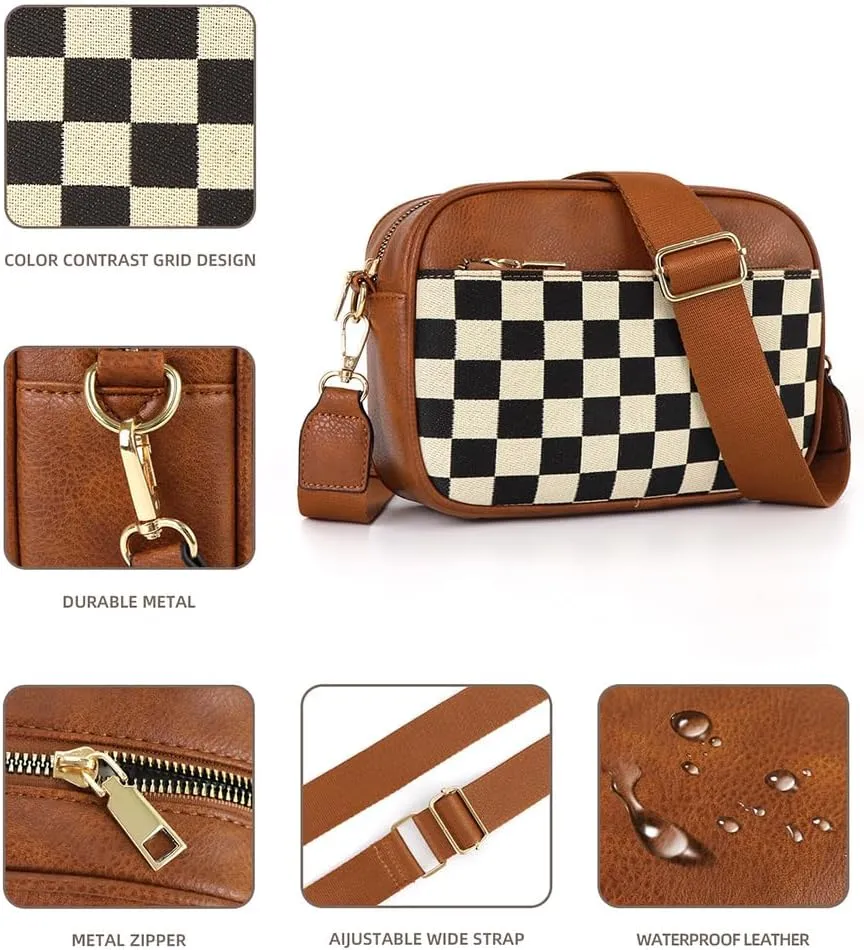 Checkered Crossbody Bag Checkerboard Purse For Women Plaid Pattern Shoulder Bags Colorblock Leather Handbag