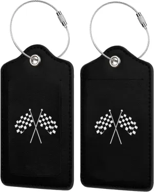 Checkered Flags Leather Baggage Bag Luggage Tags with Stainless Steel Loop and Privacy Cover, 2 PCS, Black